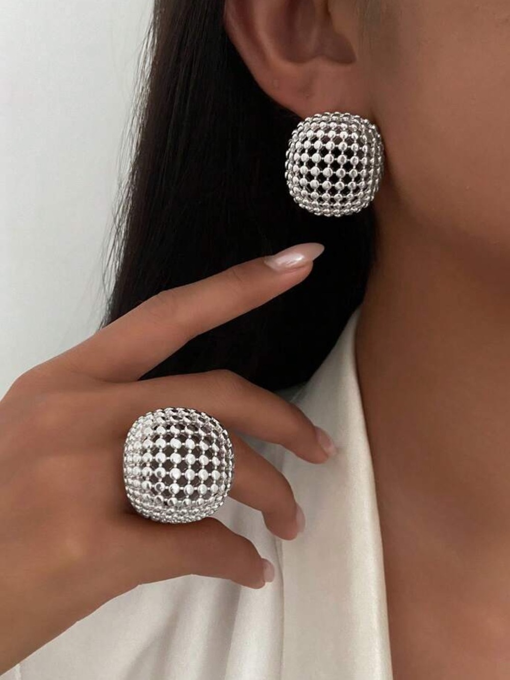 Regal Dome Silver Statement Set
—Sculptural Earrings & Ring